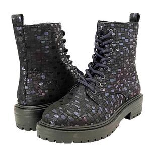 Tinstree Combat Boot Metallic Blue Printed Lug Sole 8 Eye Lace Up Boots Size 6